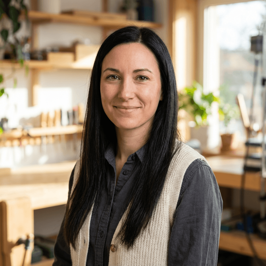 Sarah W. in a business casual outfit in her store