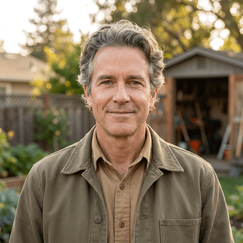 James T. in a casual plaid shirt standing on his front porch