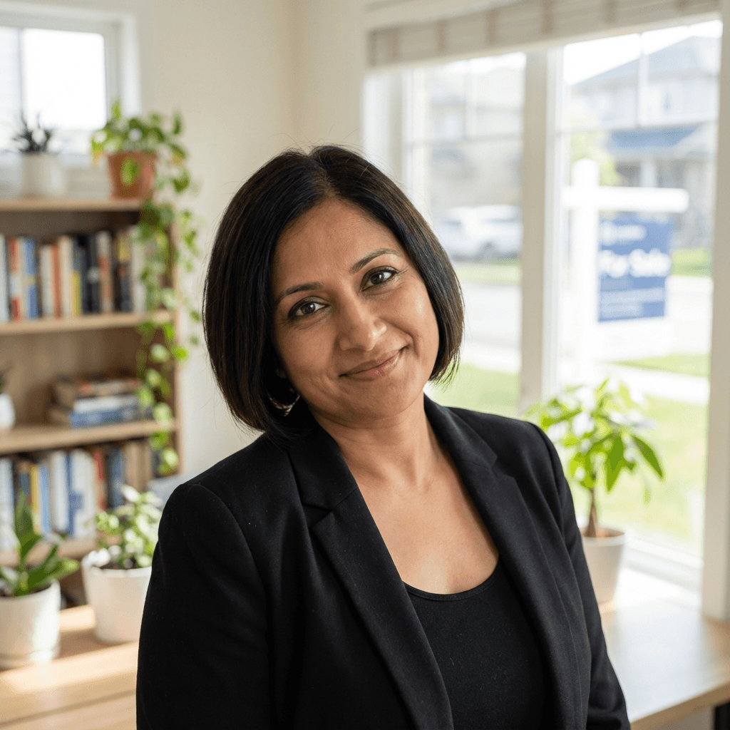 Linda R., a female retail store manager in her mid 40s, South Asian, professional appearance