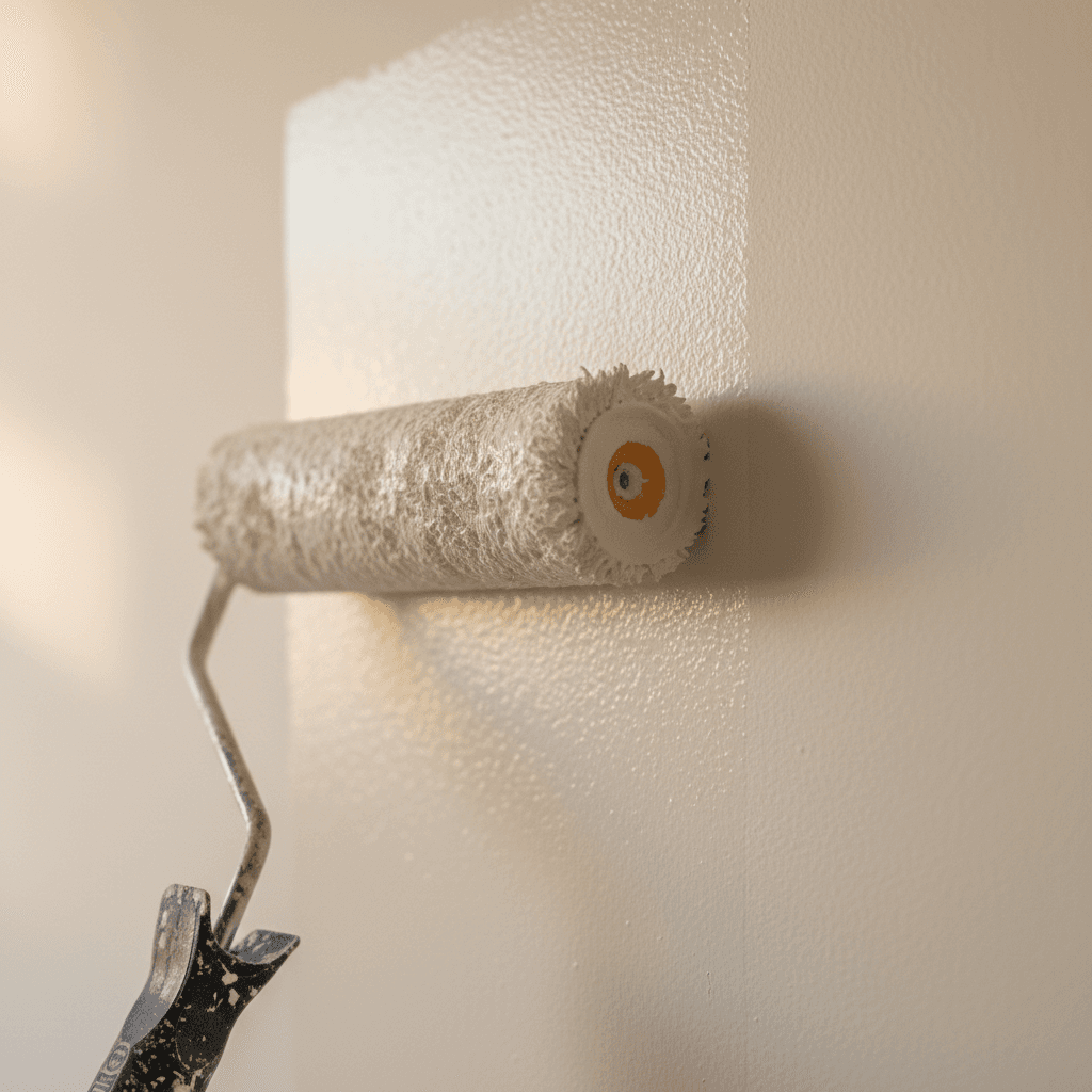Paint roller applying fresh white paint to a wall