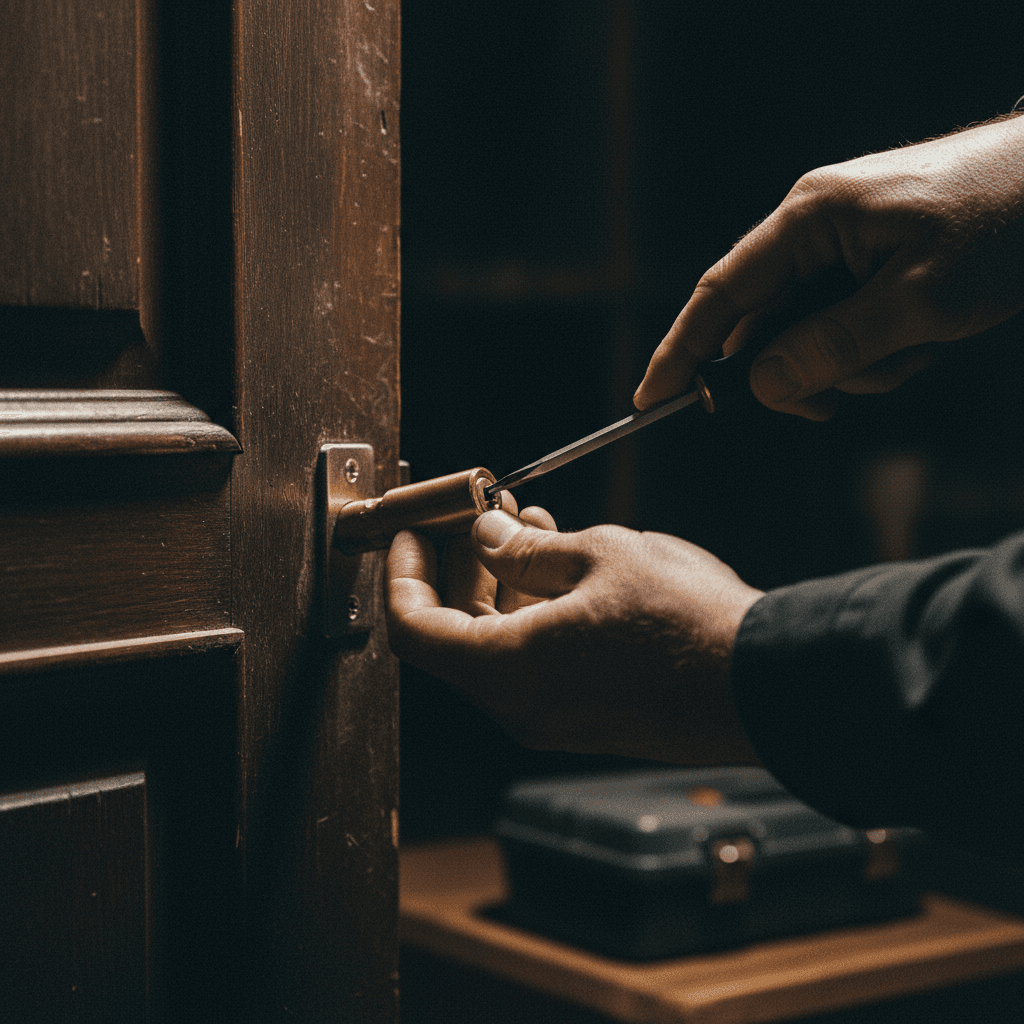 Hands holding a lock cylinder and screwdriver on a door frame