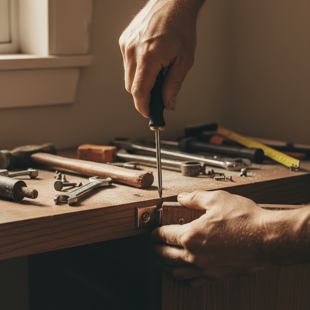 Close-up of hands adjusting a cabinet door hinge with a screwdriver