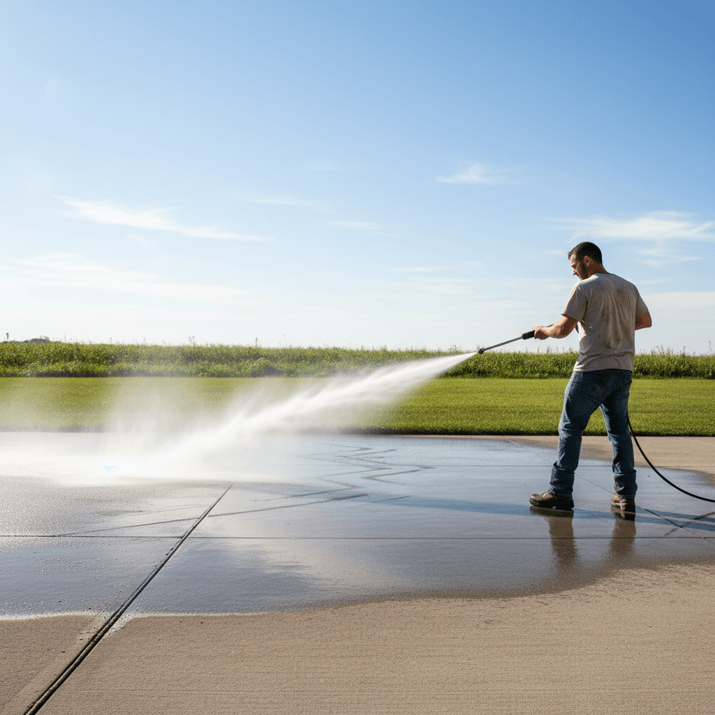 Pressure washer cleaning a concrete driveway with water spray