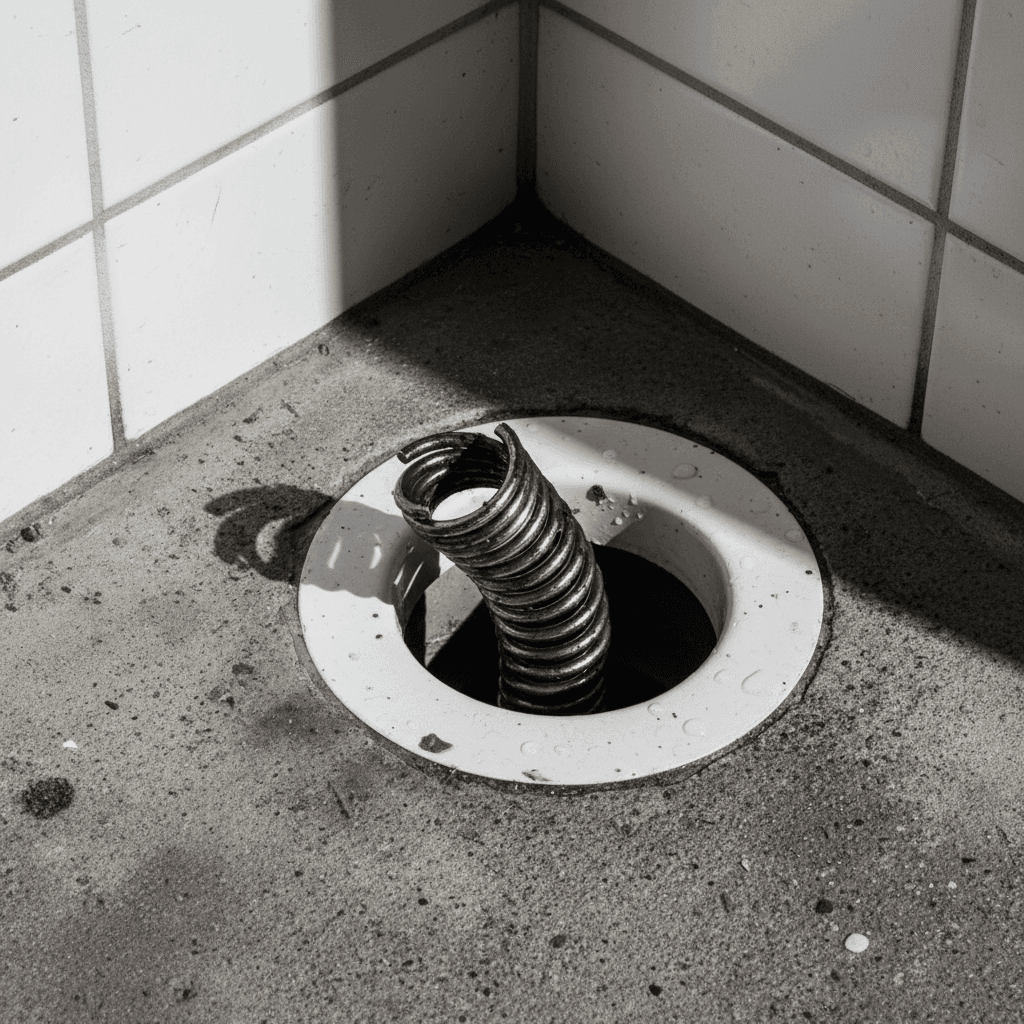 Drain snake cable entering a toilet drain pipe