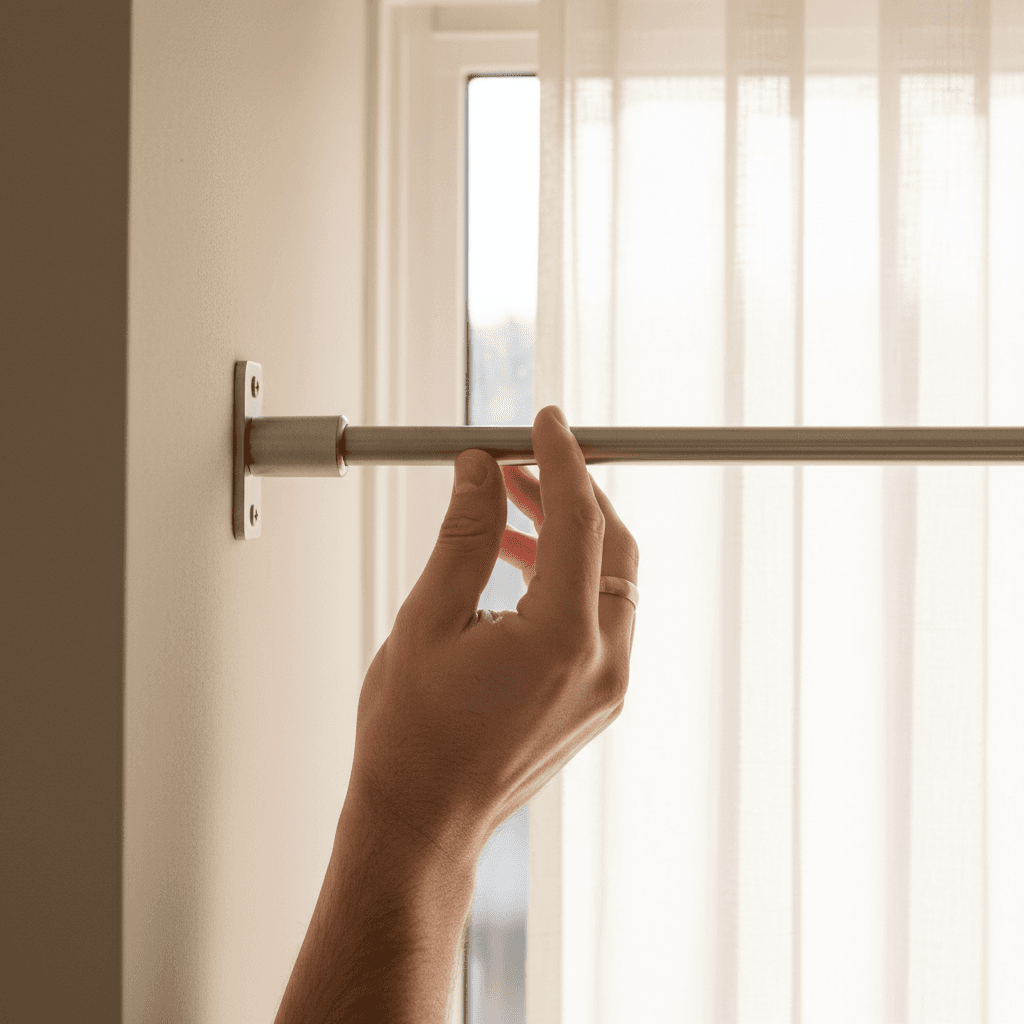Hand installing a curtain rod bracket near a window