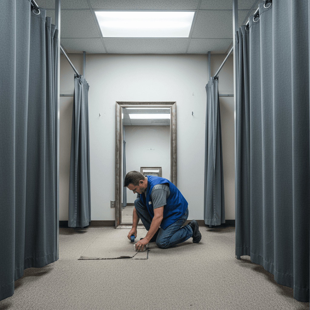 Handyman patching carpet in a retail fitting room