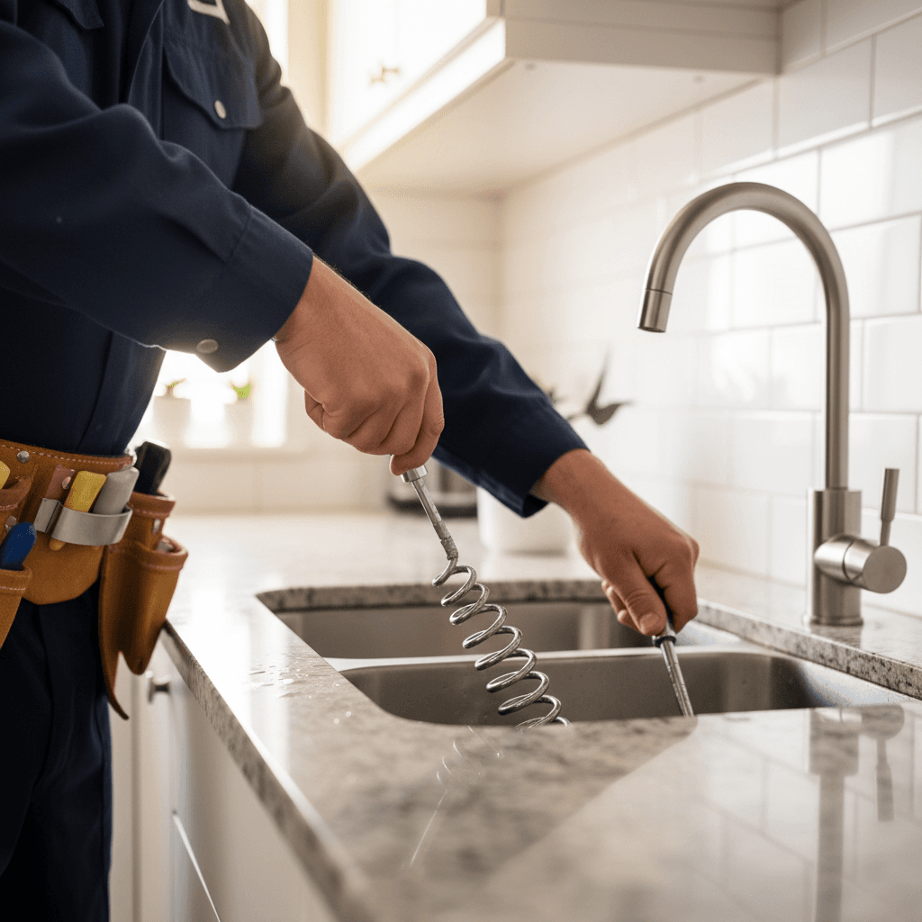 Plumber's snake cable inserted into a clogged toilet drain