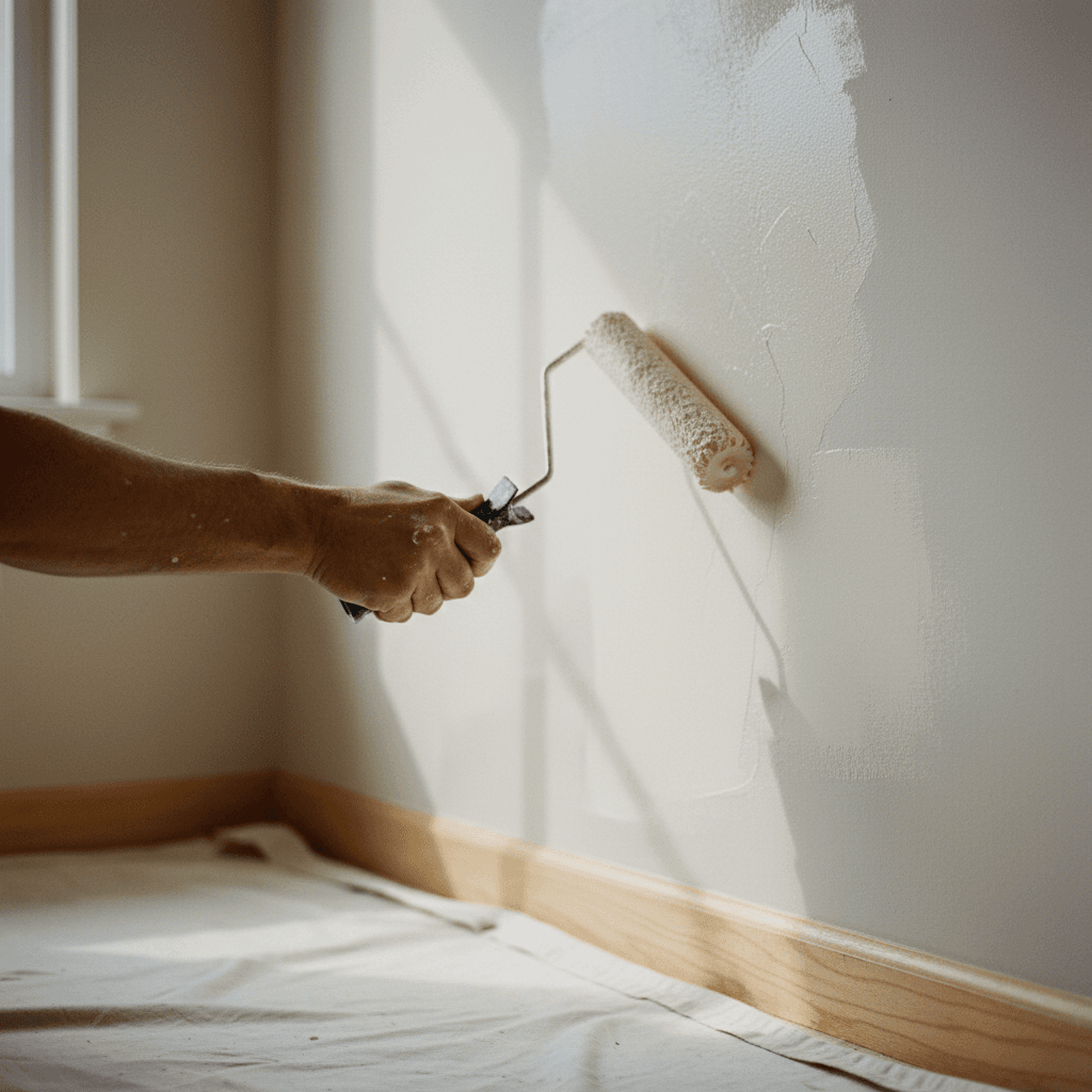 Paint roller applying fresh paint to an interior wall