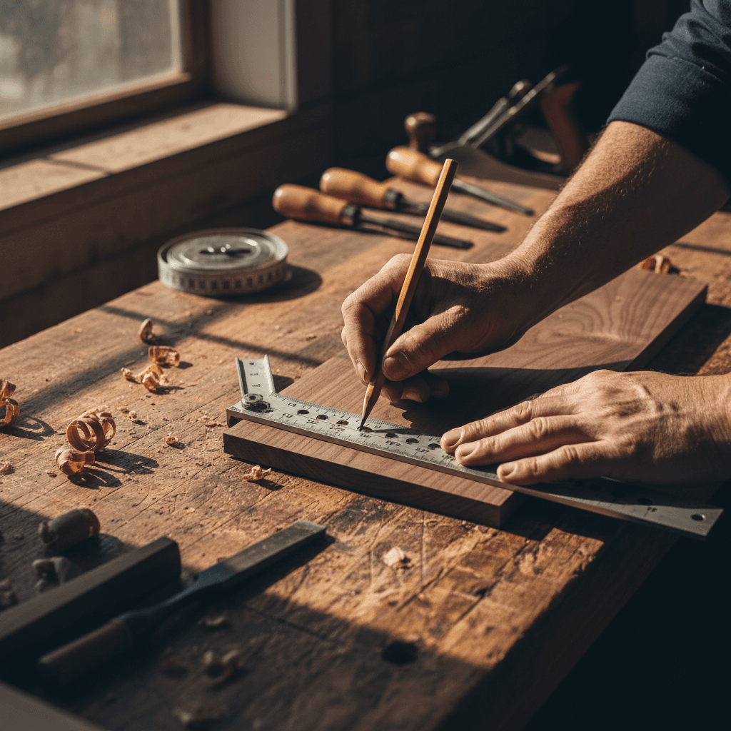 Hands measuring a wooden plank with a tape measure