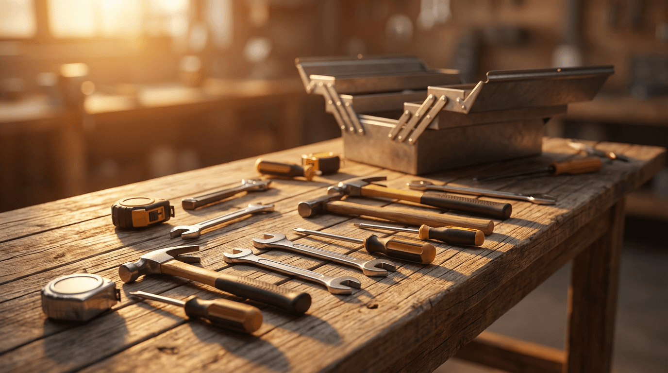 Overhead view of a workbench with tools and a coffee mug