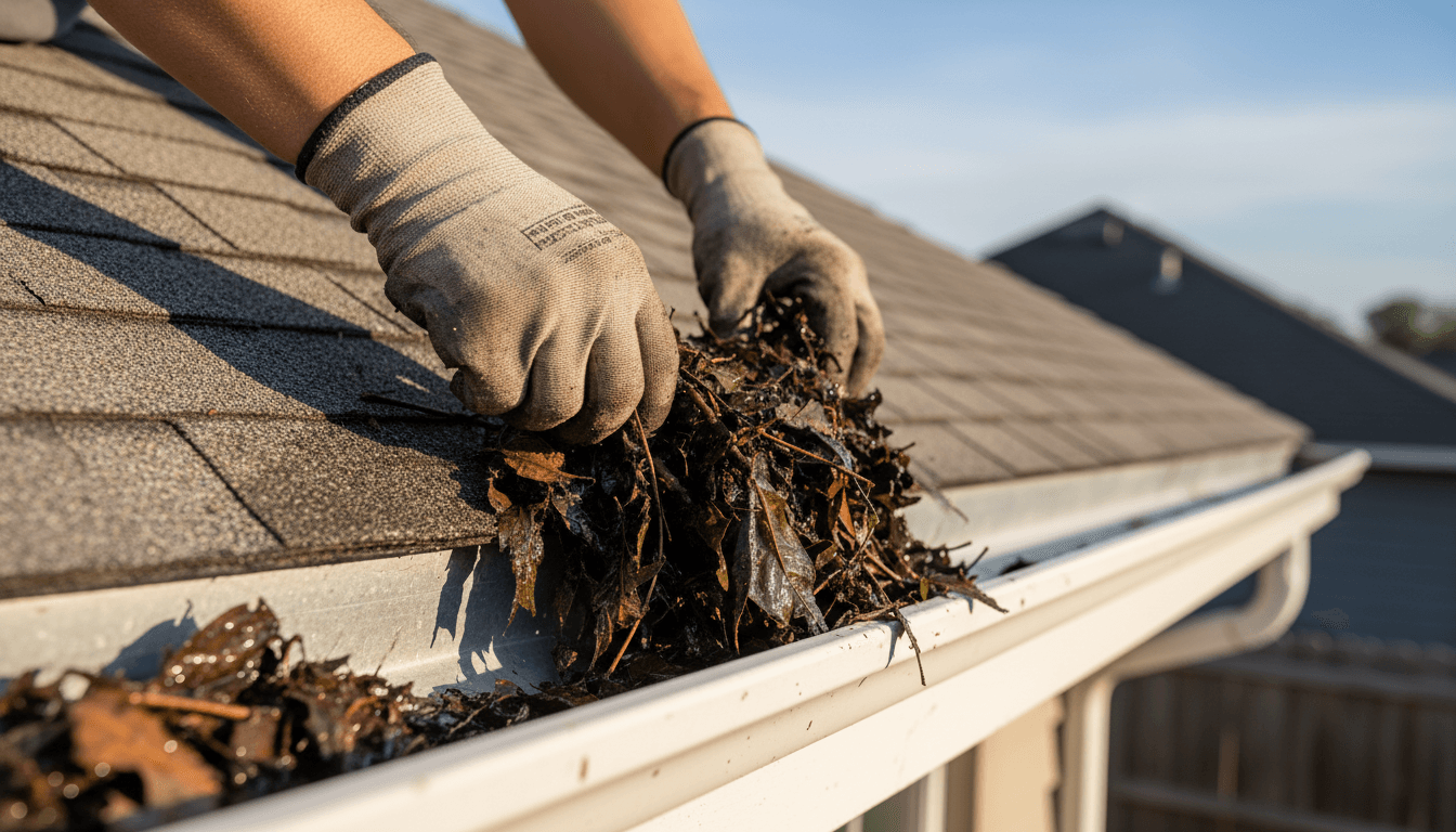 Worker on a ladder cleaning gutters