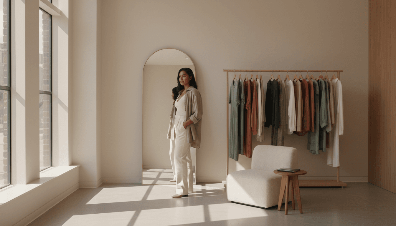 Retail store fitting room with an open curtain and a worker adjusting a cabinet door