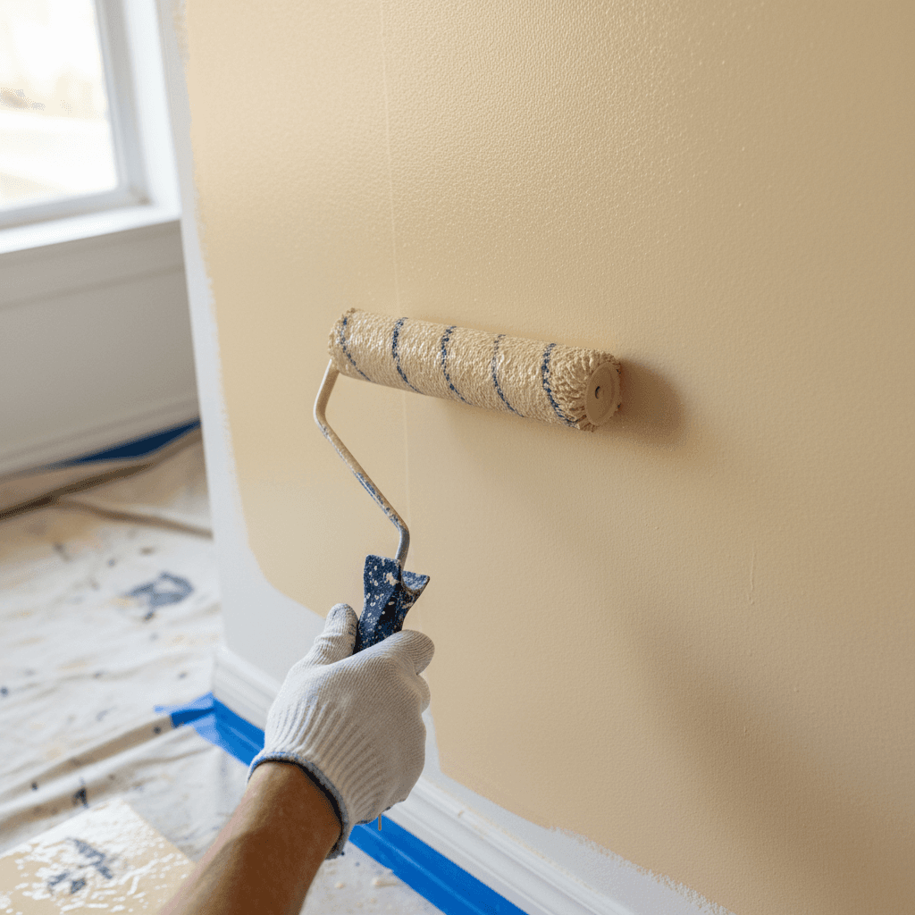 Gloved hand holding a paint roller against a wall