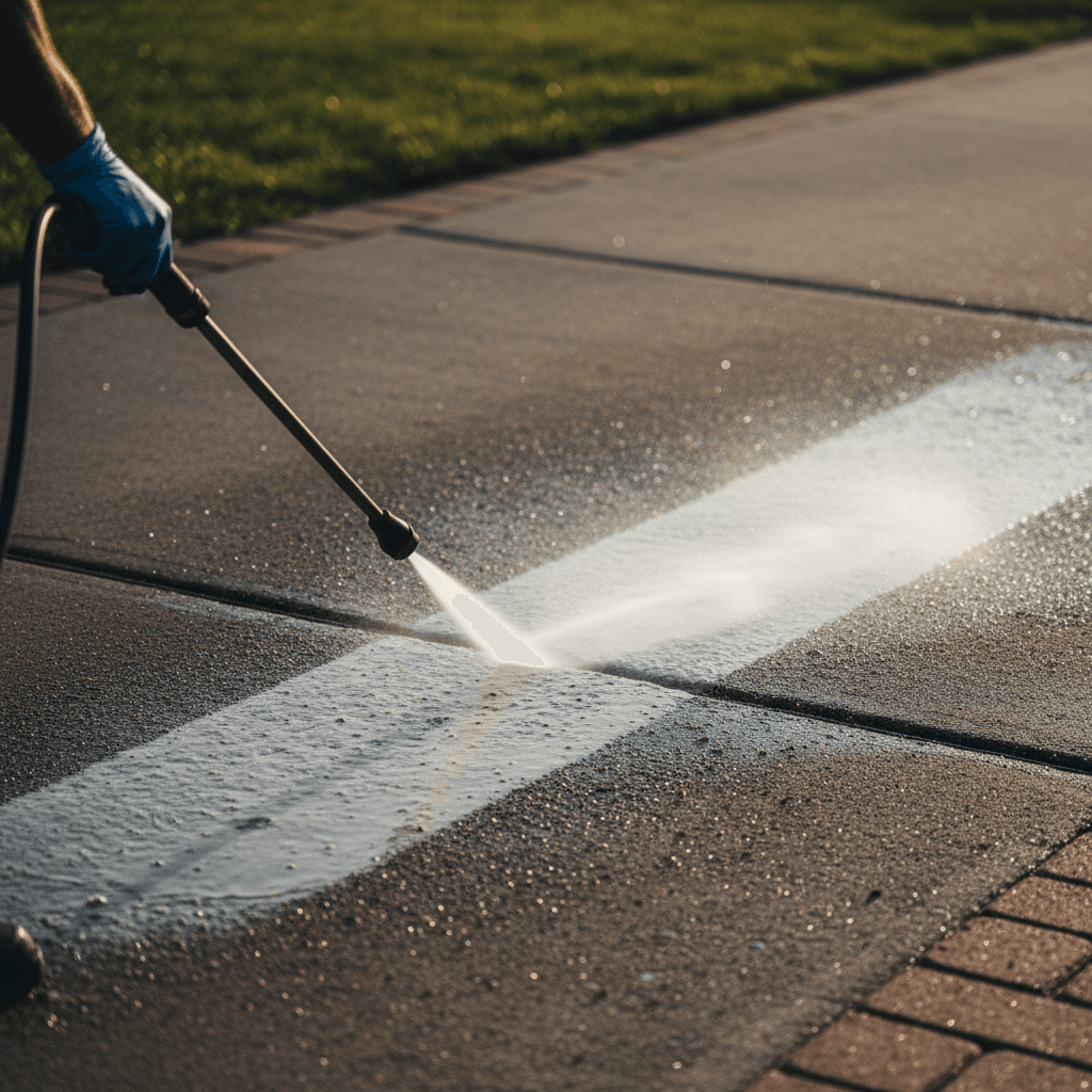 Pressure washer spraying water on a dirty concrete driveway